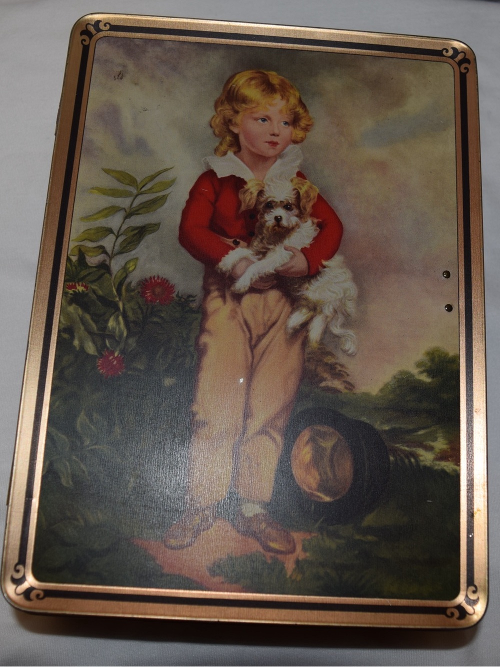 Vintage DBF De Beukelaer Frères Belgium Biscuit Tin Boy & Puppy Hinged Lock Box